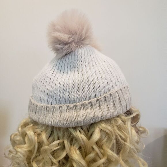 White/Cream Knit Beanie with Pom Poms - Picture 2 of 5